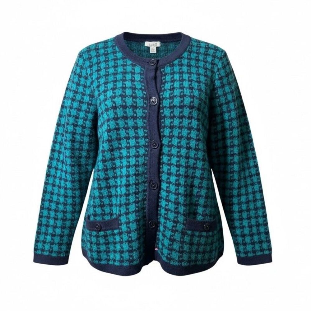 VTG Tog Shop Sweater Jacket Blue Teal Size XL Women's Soft Houndstooth Preppy